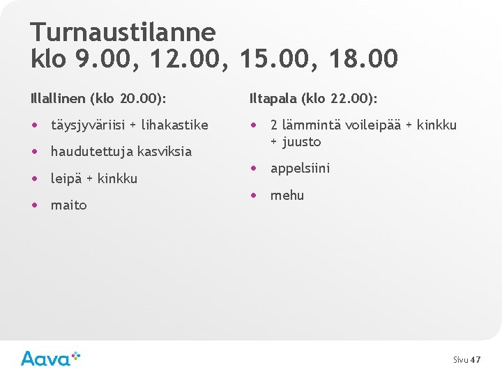 Turnaustilanne klo 9. 00, 12. 00, 15. 00, 18. 00 Illallinen (klo 20. 00):