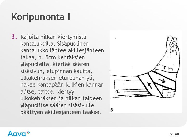 Koripunonta I 3. Rajoita nilkan kiertymistä kantalukoilla. Sisäpuolinen kantalukko lähtee akillesjänteen takaa, n. 5