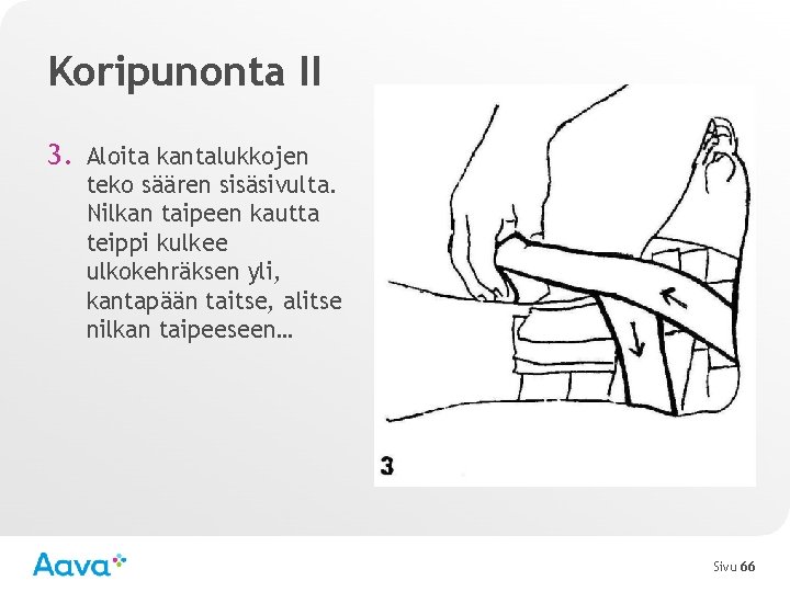 Koripunonta II 3. Aloita kantalukkojen teko säären sisäsivulta. Nilkan taipeen kautta teippi kulkee ulkokehräksen