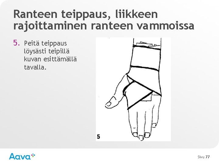 Ranteen teippaus, liikkeen rajoittaminen ranteen vammoissa 5. Peitä teippaus löysästi teipillä kuvan esittämällä tavalla.