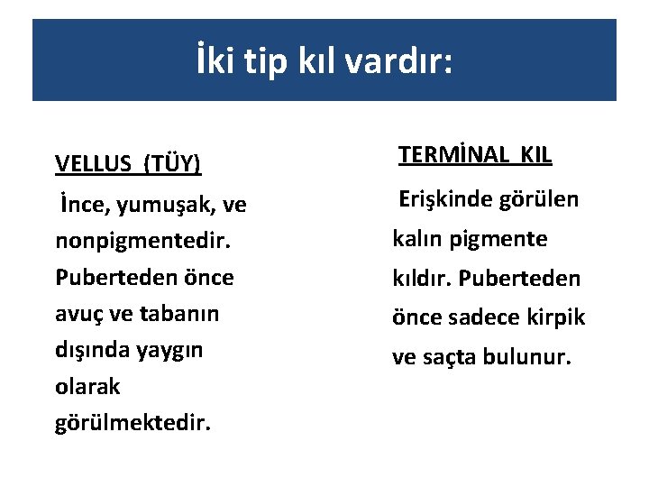 İki tip kıl vardır: VELLUS (TÜY) İnce, yumuşak, ve nonpigmentedir. Puberteden önce avuç ve