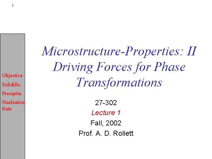 1 Objective Solidific. Microstructure-Properties: II Driving Forces for Phase Transformations Precipita. Nucleation Rate 27