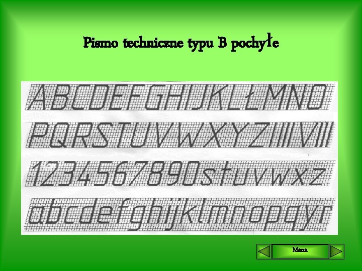 Pismo techniczne typu B pochyłe Menu 