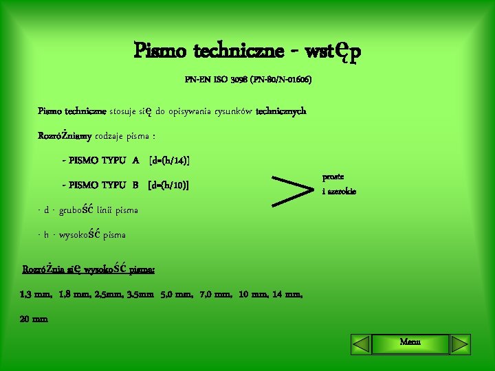 Pismo techniczne - wstęp PN-EN ISO 3098 (PN-80/N-01606) Pismo techniczne stosuje się do opisywania