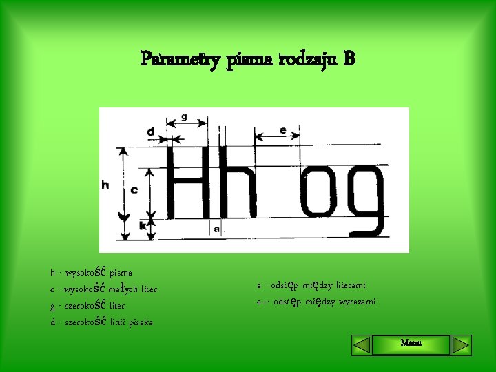 Parametry pisma rodzaju B h - wysokość pisma c - wysokość małych liter g