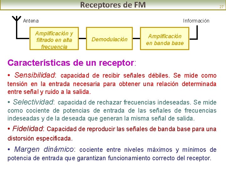 Receptores de FM Antena Amplificación y filtrado en alta frecuencia 27 Información Demodulación Amplificación