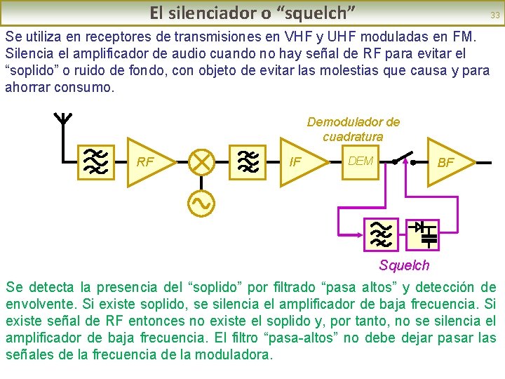 El silenciador o “squelch” 33 Se utiliza en receptores de transmisiones en VHF y