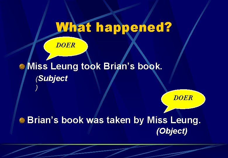 What happened? DOER Miss Leung took Brian’s book. (Subject ) DOER Brian’s book was