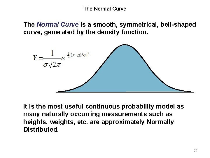 The Normal Curve is a smooth, symmetrical, bell-shaped curve, generated by the density function.