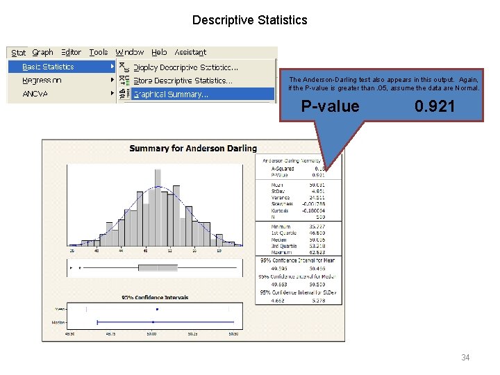 Descriptive Statistics The Anderson-Darling test also appears in this output. Again, if the P-value