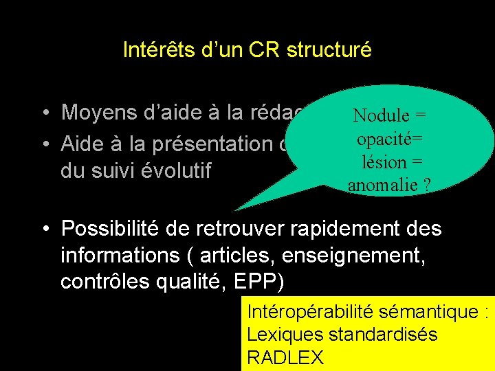 Intérêts d’un CR structuré • Moyens d’aide à la rédaction Nodule = opacité= • Intérêts d’un CR structuré • Moyens d’aide à la rédaction Nodule = opacité= •