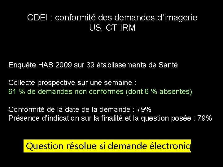 Conformité des demandes d’imagerie CDEI : conformité des demandes d’imagerie US, CT IRM Enquête Conformité des demandes d’imagerie CDEI : conformité des demandes d’imagerie US, CT IRM Enquête