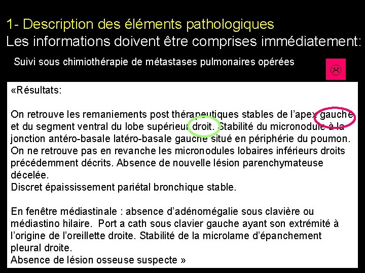 1 - Description des éléments pathologiques Les informations doivent être comprises immédiatement: Suivi sous 1 - Description des éléments pathologiques Les informations doivent être comprises immédiatement: Suivi sous