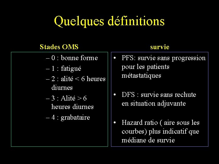 Quelques définitions Stades OMS survie – 0 : bonne forme • PFS: survie sans Quelques définitions Stades OMS survie – 0 : bonne forme • PFS: survie sans
