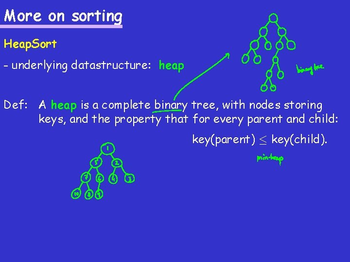 More on sorting Heap. Sort - underlying datastructure: heap Def: A heap is a