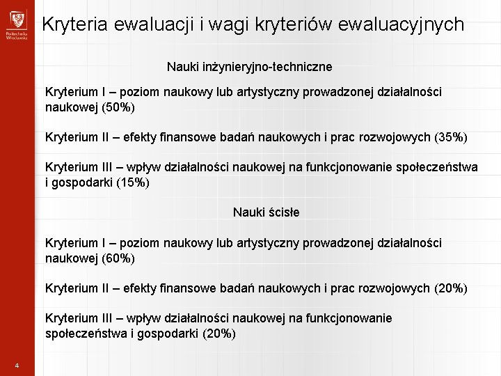 Kryteria ewaluacji i wagi kryteriów ewaluacyjnych Nauki inżynieryjno-techniczne Kryterium I – poziom naukowy lub