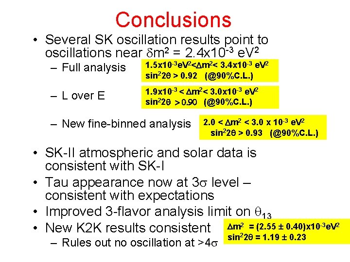 Conclusions • Several SK oscillation results point to oscillations near dm 2 = 2. Conclusions • Several SK oscillation results point to oscillations near dm 2 = 2.