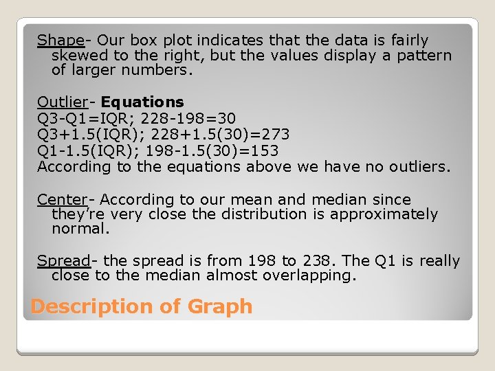 Shape- Our box plot indicates that the data is fairly skewed to the right,