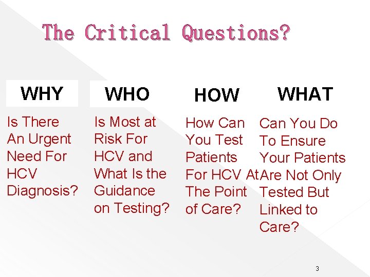 The Critical Questions? WHY WHO Is There An Urgent Need For HCV Diagnosis? Is