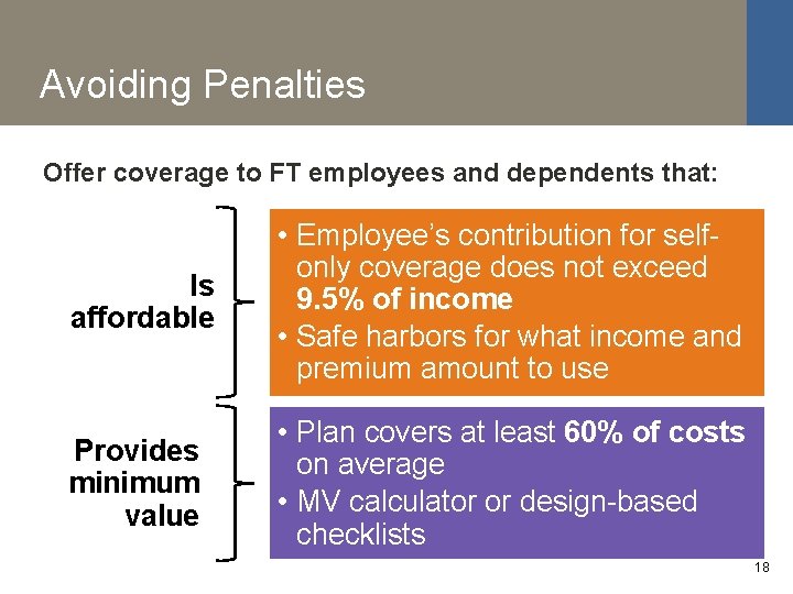 Avoiding Penalties Offer coverage to FT employees and dependents that: Is affordable • Employee’s