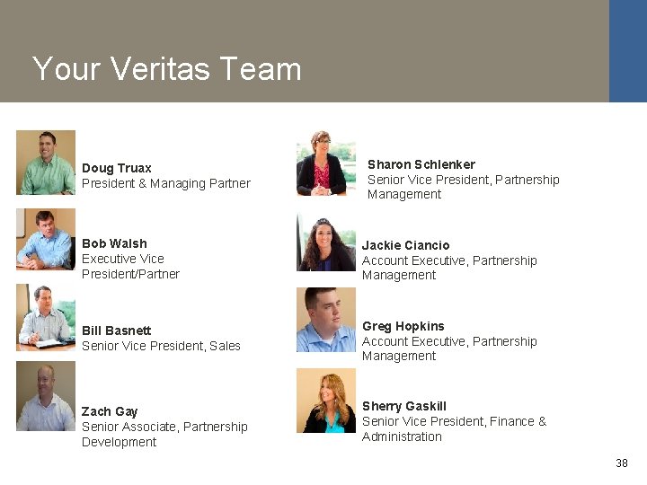 Your Veritas Team Doug Truax President & Managing Partner Sharon Schlenker Senior Vice President,