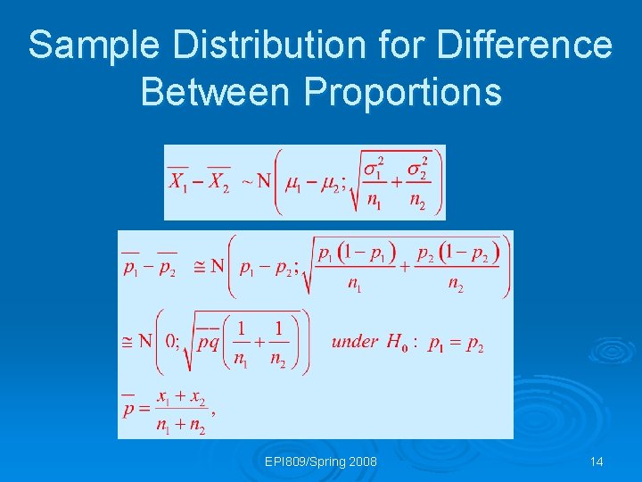 Sample Distribution for Difference Between Proportions EPI 809/Spring 2008 14 