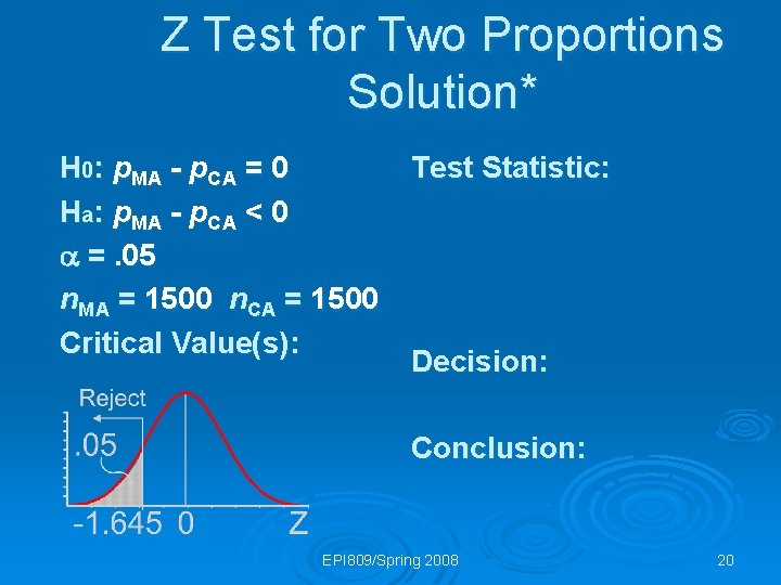 Z Test for Two Proportions Solution* H 0: p. MA - p. CA =