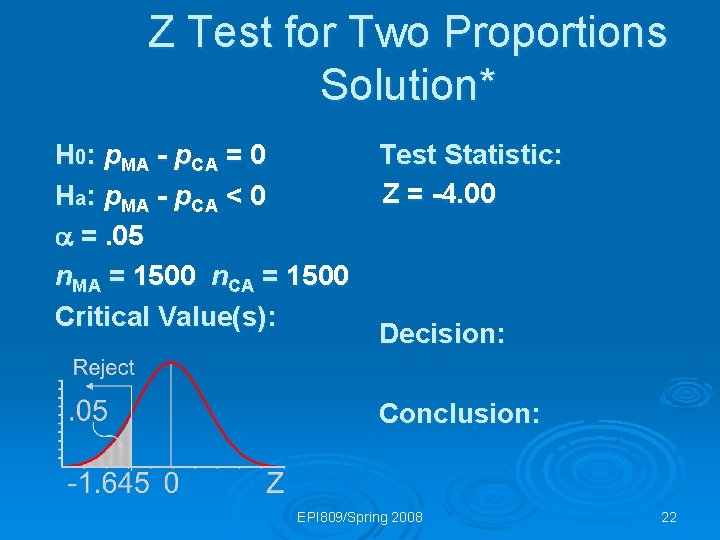 Z Test for Two Proportions Solution* H 0: p. MA - p. CA =