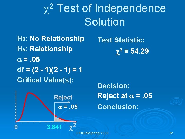  2 Test of Independence Solution H 0: No Relationship Ha: Relationship =. 05