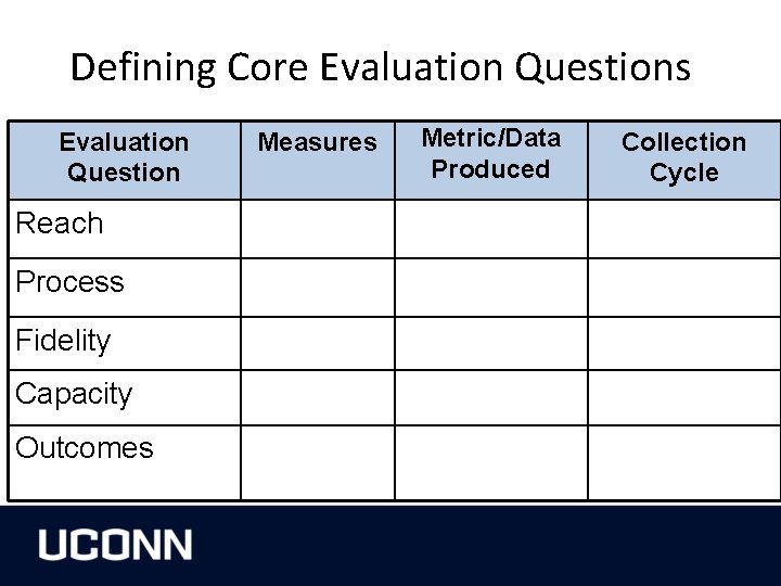 Defining Core Evaluation Questions Evaluation Question Reach Process Fidelity Capacity Outcomes Measures Metric/Data Produced