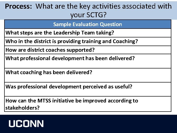 Process: What are the key activities associated with your SCTG? Sample Evaluation Question What