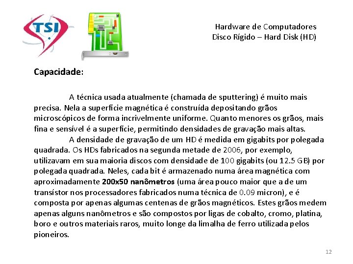 Hardware de Computadores Disco Rígido – Hard Disk (HD) Capacidade: A técnica usada atualmente Hardware de Computadores Disco Rígido – Hard Disk (HD) Capacidade: A técnica usada atualmente