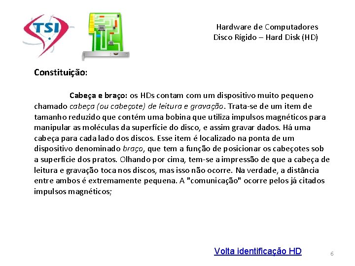 Hardware de Computadores Disco Rígido – Hard Disk (HD) Constituição: Cabeça e braço: os Hardware de Computadores Disco Rígido – Hard Disk (HD) Constituição: Cabeça e braço: os