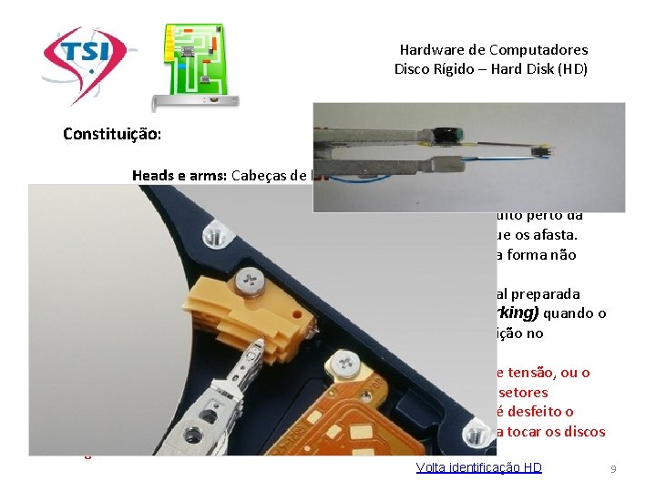 Hardware de Computadores Disco Rígido – Hard Disk (HD) Constituição: Heads e arms: Cabeças Hardware de Computadores Disco Rígido – Hard Disk (HD) Constituição: Heads e arms: Cabeças