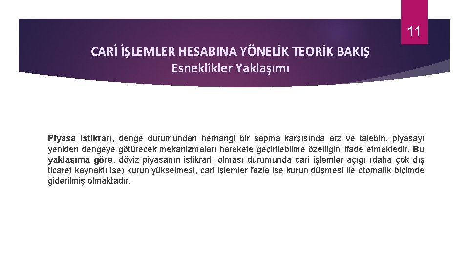 11 CARİ İŞLEMLER HESABINA YÖNELİK TEORİK BAKIŞ Esneklikler Yaklaşımı Piyasa istikrarı, denge durumundan herhangi