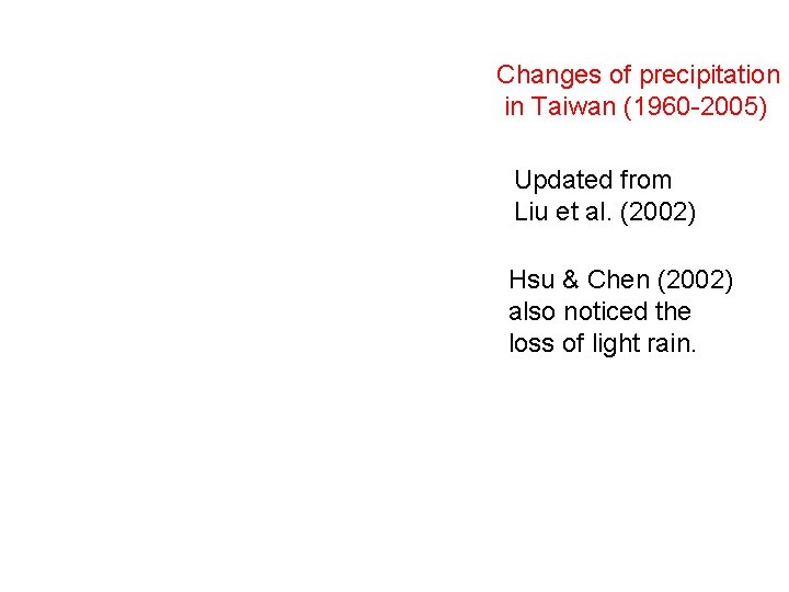 Changes of precipitation in Taiwan (1960 -2005) Updated from Liu et al. (2002) Hsu