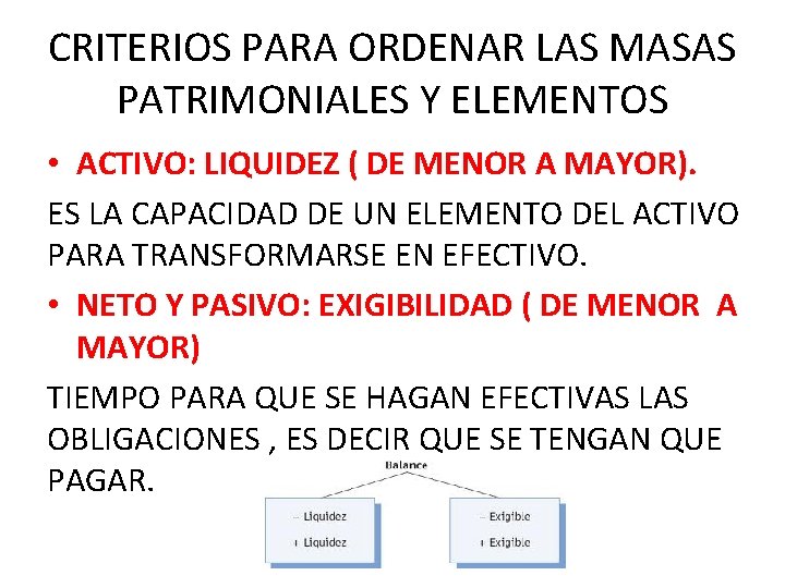 CRITERIOS PARA ORDENAR LAS MASAS PATRIMONIALES Y ELEMENTOS • ACTIVO: LIQUIDEZ ( DE MENOR