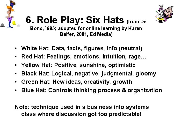 6. Role Play: Six Hats (from De Bono, `985; adopted for online learning by