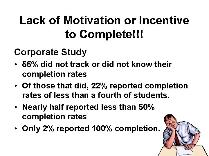 Lack of Motivation or Incentive to Complete!!! Corporate Study • 55% did not track