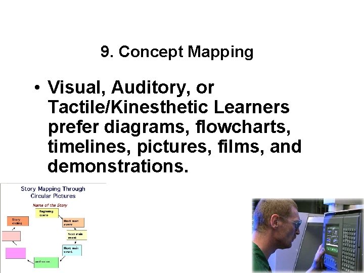 9. Concept Mapping • Visual, Auditory, or Tactile/Kinesthetic Learners prefer diagrams, flowcharts, timelines, pictures,