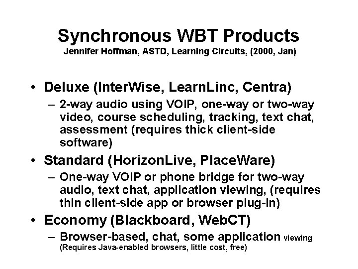 Synchronous WBT Products Jennifer Hoffman, ASTD, Learning Circuits, (2000, Jan) • Deluxe (Inter. Wise,