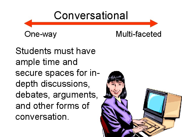 Conversational One-way Students must have ample time and secure spaces for indepth discussions, debates,