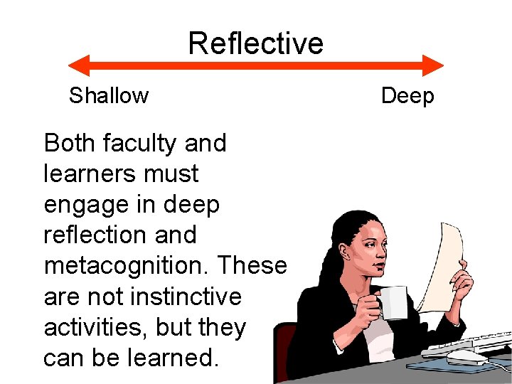 Reflective Shallow Both faculty and learners must engage in deep reflection and metacognition. These