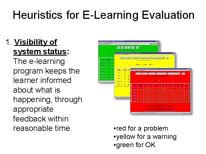 Heuristics for E-Learning Evaluation 1. Visibility of system status: The e-learning program keeps the