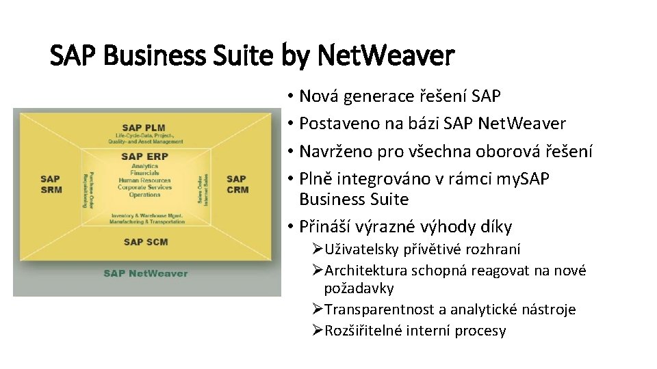 SAP Business Suite by Net. Weaver • Nová generace řešení SAP • Postaveno na