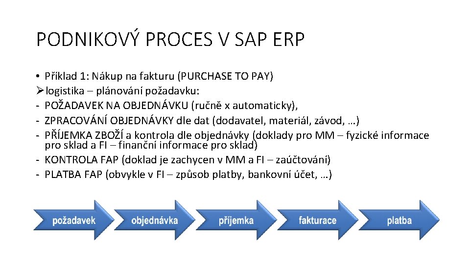 PODNIKOVÝ PROCES V SAP ERP • Příklad 1: Nákup na fakturu (PURCHASE TO PAY)