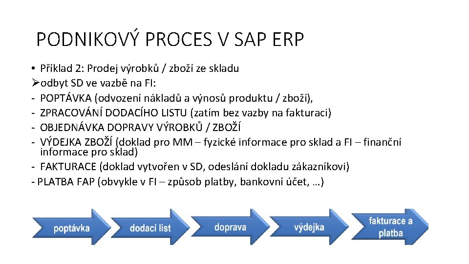 PODNIKOVÝ PROCES V SAP ERP • Příklad 2: Prodej výrobků / zboží ze skladu