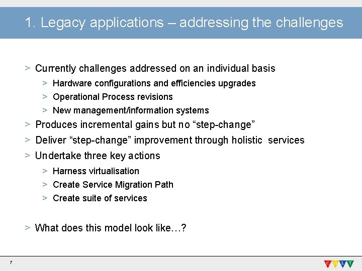 1. Legacy applications – addressing the challenges > Currently challenges addressed on an individual