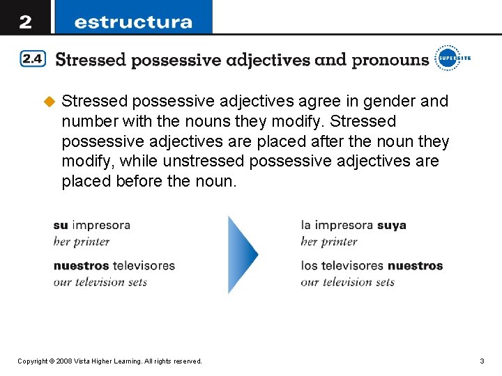 u Stressed possessive adjectives agree in gender and number with the nouns they modify.