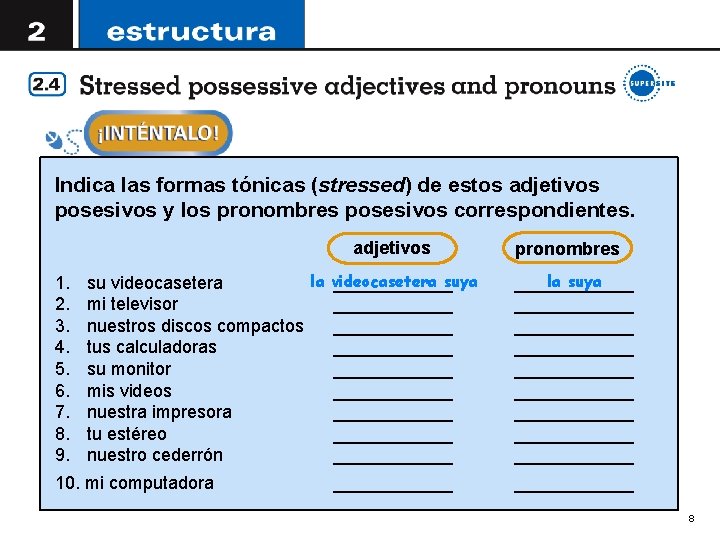 Indica las formas tónicas (stressed) de estos adjetivos posesivos y los pronombres posesivos correspondientes.